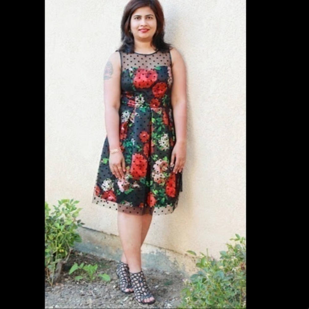 SD COLLECTION Mesh overlay red floral flare dress size 14